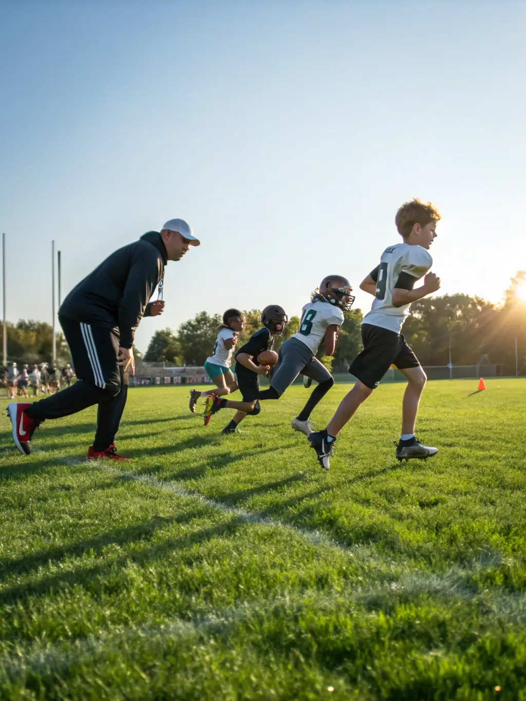 A dynamic shot of young football players participating in a drill, showcasing their agility and teamwork during a MILAN STAGE FOOT training camp.