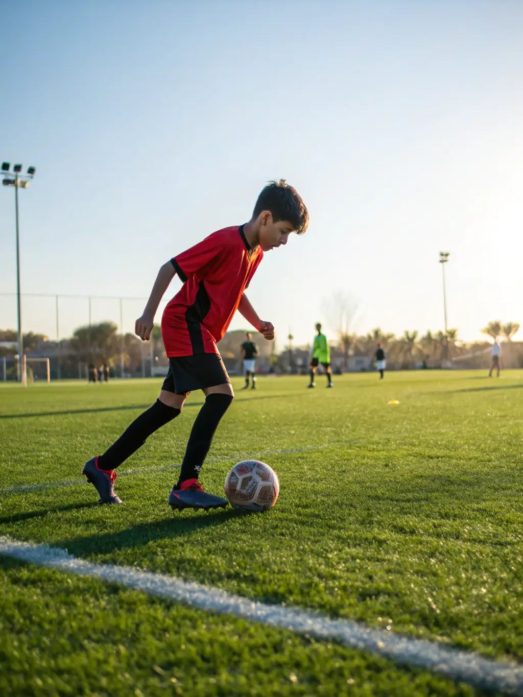 A close-up shot of a young football player successfully dribbling past a defender during a training session, showcasing improved technical skills.