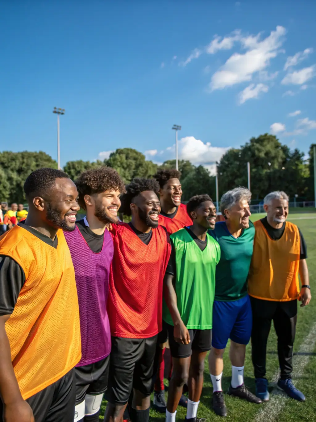 A diverse group of young football players standing together, ready for a training session, representing inclusion and positive youth engagement.