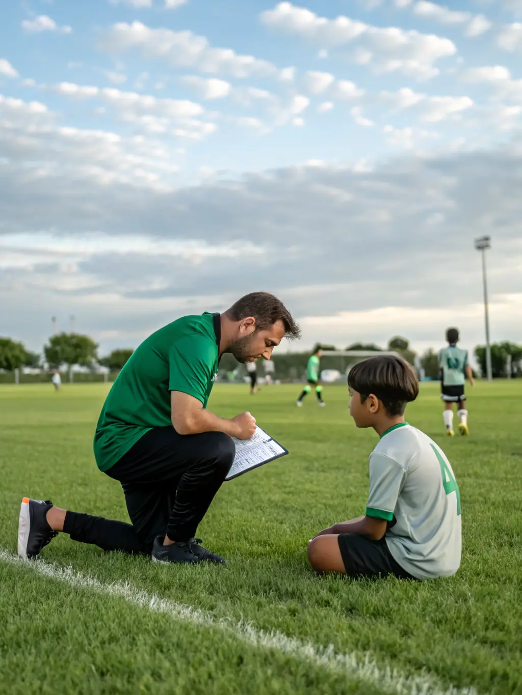 A coach providing personalized feedback to a young player during a training session, emphasizing the mentorship aspect of MILAN STAGE FOOT camps.