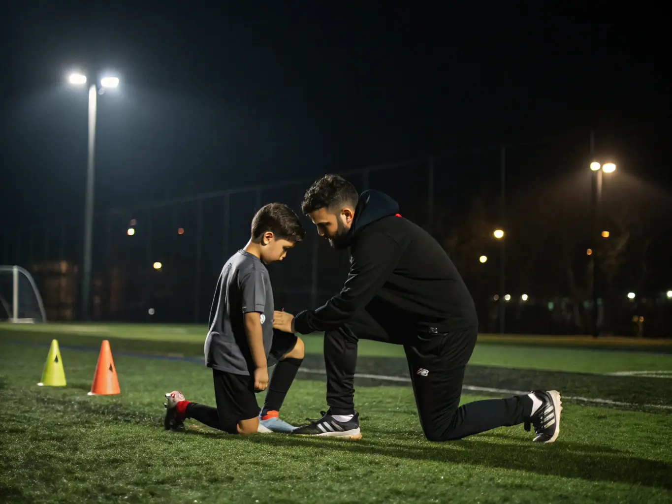 A young football player receiving personalized coaching from a professional trainer at MILAN STAGE FOOT AUVERGNE RHONE ALPES, emphasizing individual skill development.