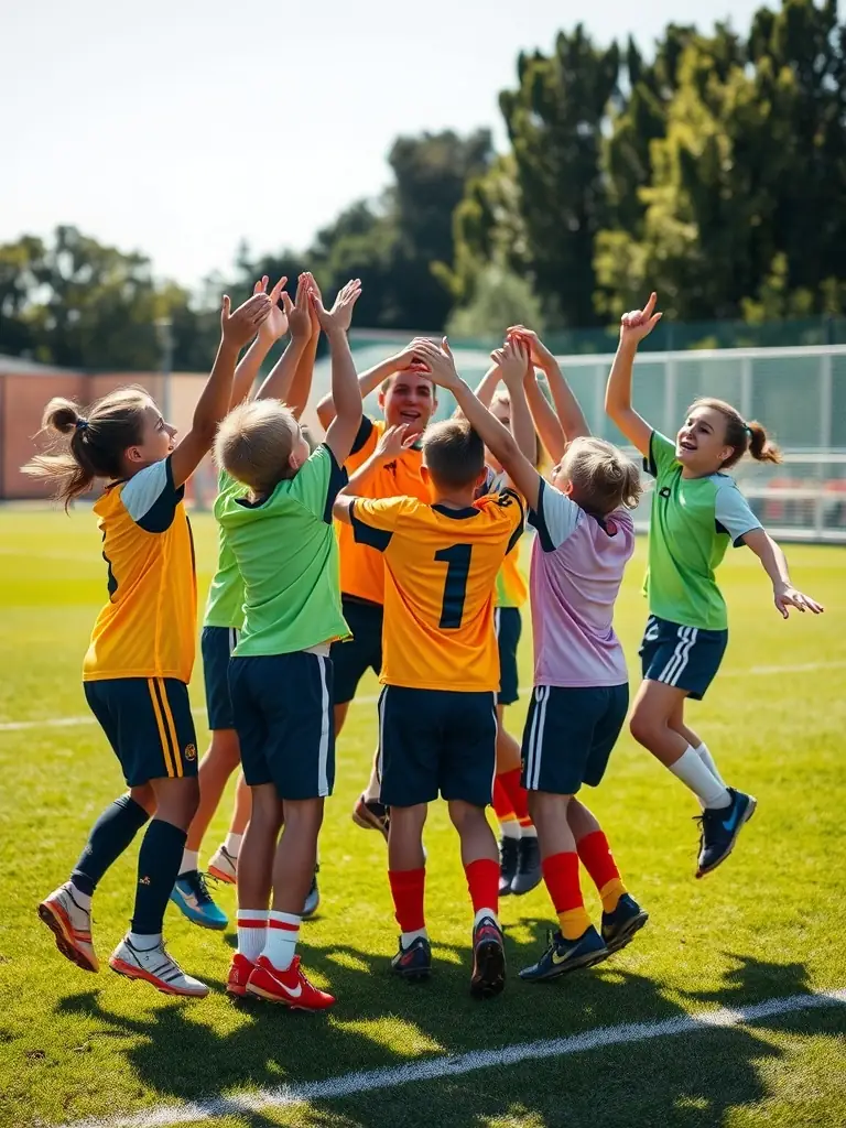 A group of young athletes celebrating a goal during a friendly match at a MILAN STAGE FOOT event, highlighting the joy and camaraderie of the sport.